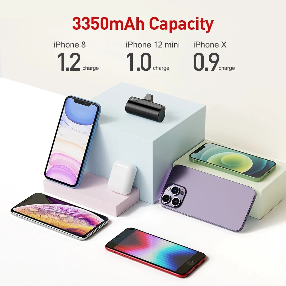 Power Fob Mini Power Bank 3350Mah - Portable Charger for Iphone 14/13/12 Pro Max/8/7, Airpods, Black